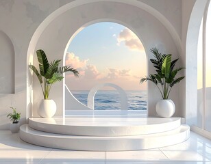 A serene white archway overlooking a tranquil ocean at sunset