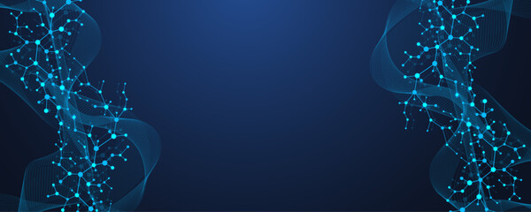 Molecular abstract structure and genetic engineering DNA. Healthcare and medicine background concept. Scientific research background. Wave flow. Innovation pattern. Vector illustration.