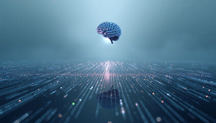 Fototapeta premium 夜明けの冷たい霧に包まれたデジタル脳、回路の反射が長く伸びる