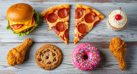 a cheeseburger, pepperoni pizza slice, cupcake with cherry, pink glazed donut, chocolate chip cookie, and fried chicken drumstick