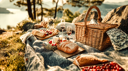 picnic blanket with basket fruits