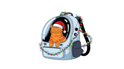 Fototapeta premium Orange tabby cat wearing a tiny Santa hat sits inside a space themed pet carrier backpack decorated with colorful Christmas lights.
