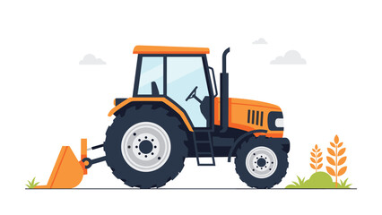 Modern orange farm tractor with a front loader attachment is illustrated in a field with wheat stalks under a clear sky. © Nur
