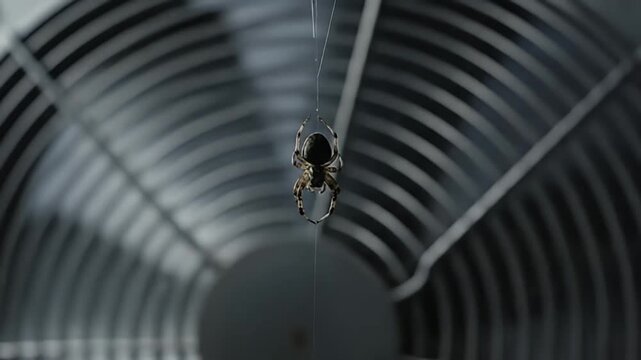 A small spider hangs suspended by a delicate silk thread, silhouetted against the blurred metallic blades of a large industrial fan.