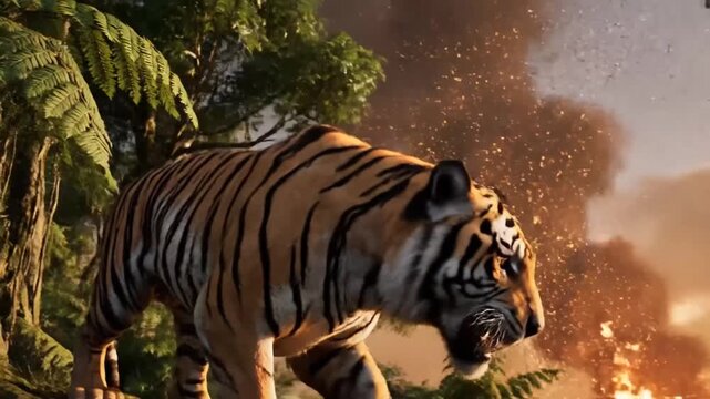 Furious tiger roaring near a raging jungle wildfire