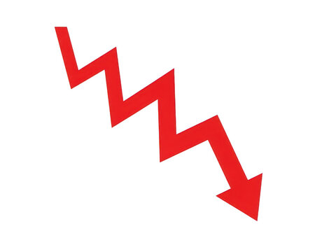 A bold red arrow pointing downwards with a zigzag pattern isolated on transparent background