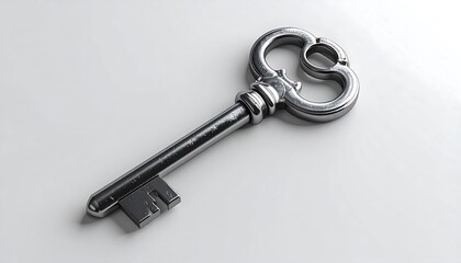 A shiny antique key with a heart shaped bow on a plain surface