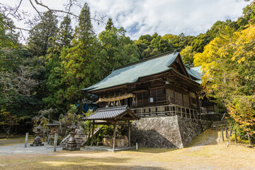 Fototapeta premium 日本 広島県三原市八幡町にある御調八幡宮の社殿と紅葉した木々