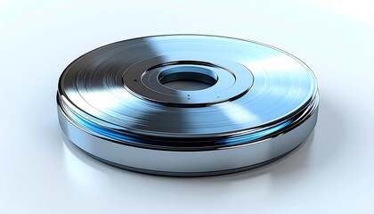 A shiny metallic disc with a central hole and ridged edges