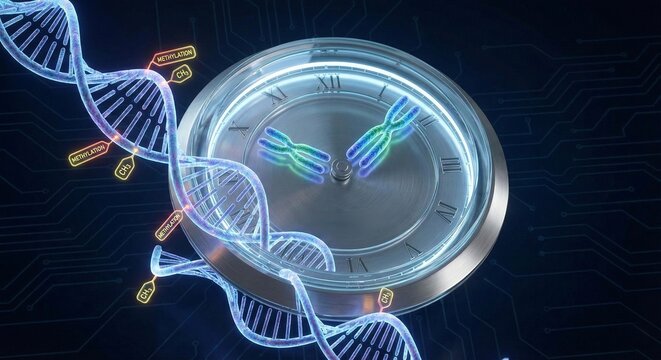Epigenetic clock concept with DNA methylation markers on clock face representing biological age