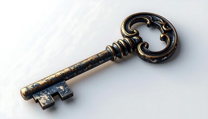 A single, antique-style key with a decorative bow lies on a plain surface