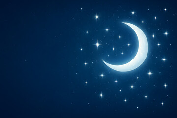 Naklejka premium A serene night sky with a crescent moon and stars shining brightly in the darkness