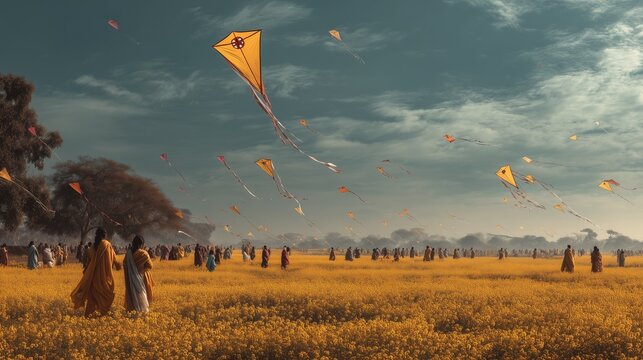 Basant Panchami Kites Flying Over Golden Mustard Field at Sunset. Spring Festival Kites Above Yellow Mustard Blossoms