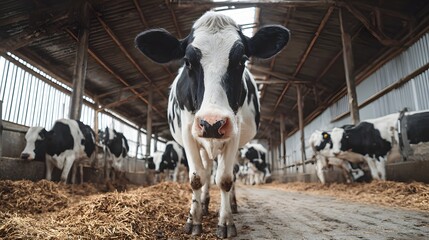 Modern Dairy Farm Facility with Holstein Cows in Industrial Stable