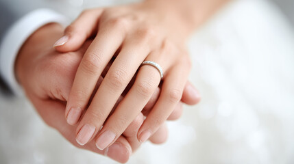 Fototapeta premium Close up of two hands gently holding each other with wedding ring.