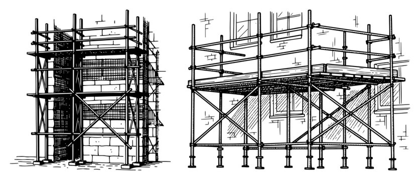 Steel construction scaffolding structure near building wall in vintage sketch style