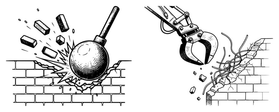 Demolition machinery set featuring a wrecking ball smashing a brick wall and hydraulic crusher claw