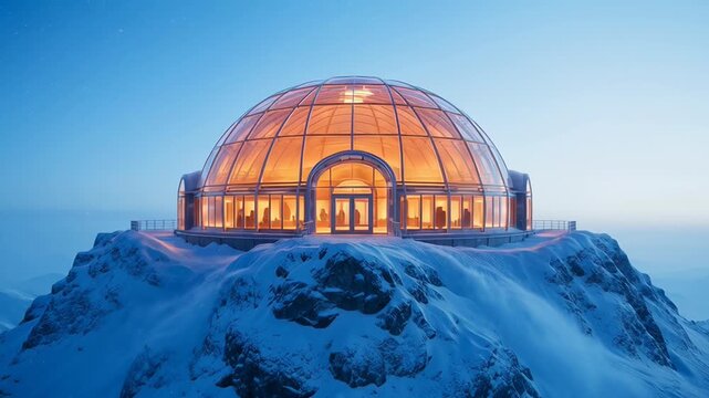 Glass dome on snowy mountain at sunset