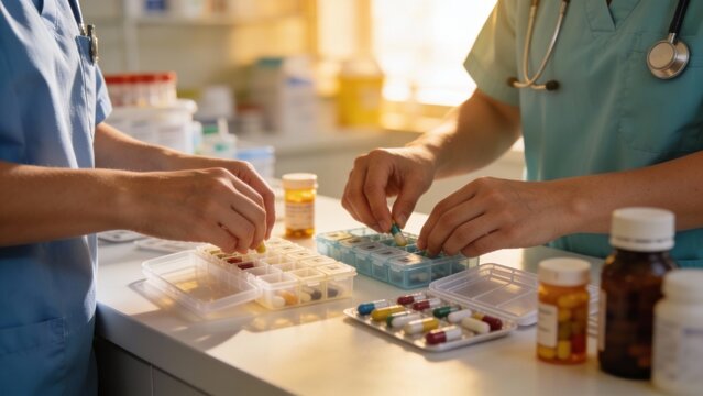 Healthcare workers sorting prescription pills at pharmacy counter, medication management and patient safety workflow, calm clinical teamwork for World Health Day
