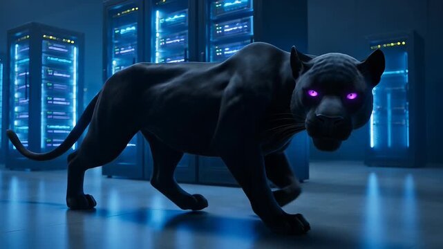 Panther stealth in high-tech server room with glowing eyes