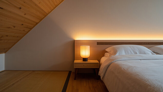 和モダンの要素を添えた寝室、和紙の灯りと白い寝具がつくるやすらぎ