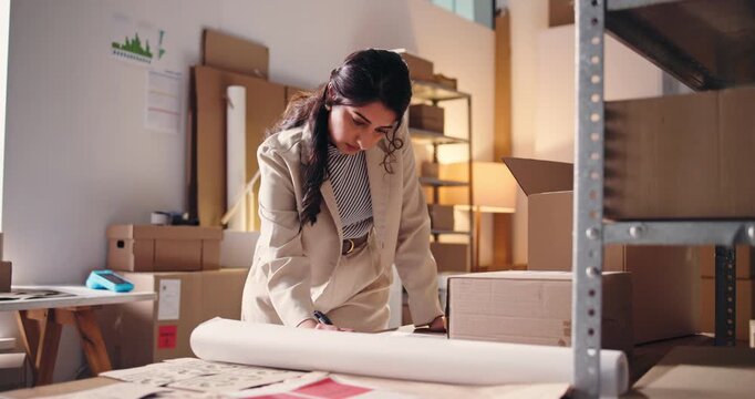 Woman, reading and paperwork for ecommerce startup for stock, supply chain and shipping bills. Person, writing and document for inventory checklist, quality control and order invoice on delivery cost