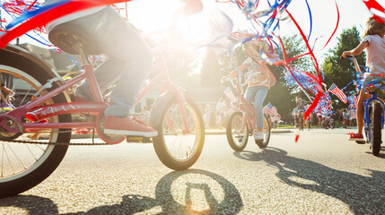 Children riding bicycles decorated with red, white, and blue ribbons, a low-angle street photograph taken during 4th of July celebrations in a small town.