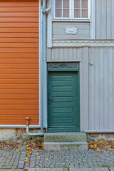 Green Door at Wood House in Fredrikstad Norway Autumn Day