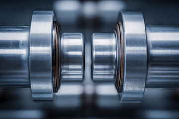 Fototapeta premium Precision machined metal shafts with bearing components aligned for mechanical engineering applications in industrial manufacturing environments