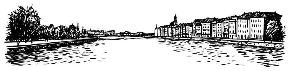 Naklejka premium Panoramic sketch of a river flowing through a city with buildings and trees