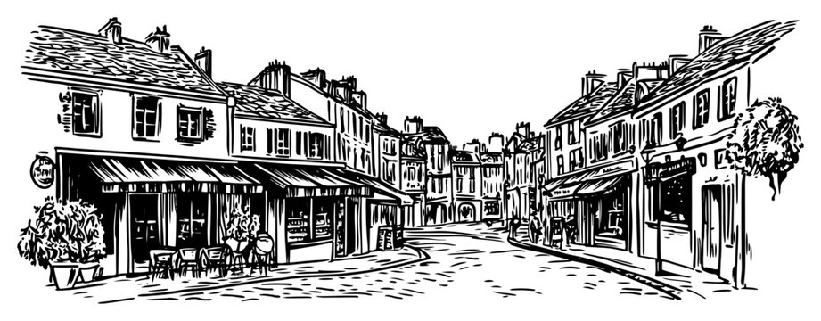 Hand drawn sketch of a cozy european street with cafes and old architecture