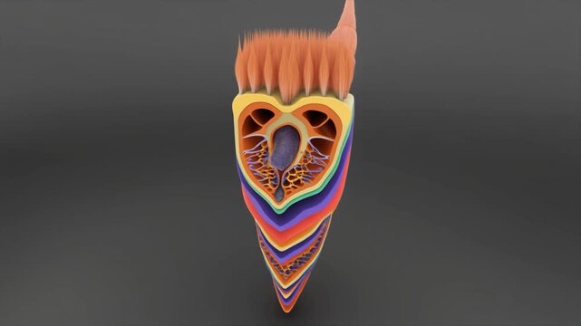 Animated 3D cross-section video of a tooth revealing its internal structure, including enamel, dentin, pulp, and nerves.