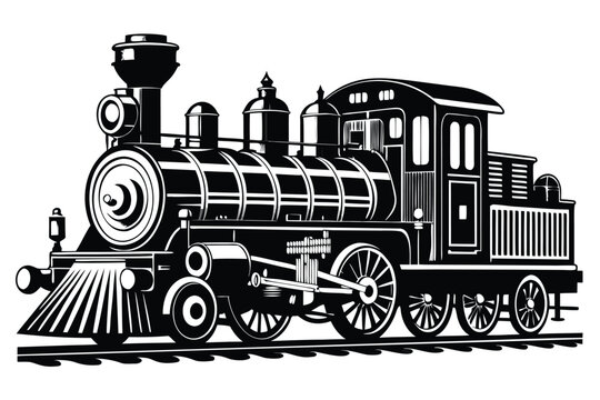 Vintage steam locomotive black and white illustration railroad train transportation retro classic engine
