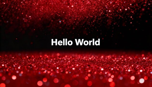 Displaying white 'Hello World' text centered in studio, with red glitter, bokeh and dark band