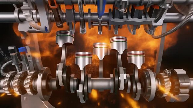 Detailed 3D animation of an internal combustion engine in action, showing pistons, crankshaft, and valves with fiery effects.