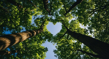 Fototapeta premium View upward through trees forms a heart of sky, sunlight streaming