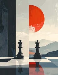 A surreal landscape with chess pieces and a large red sun