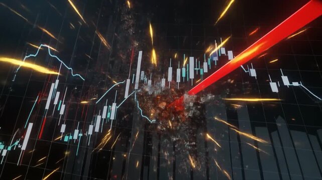 Dynamic stock video of financial stock market charts with a red arrow breaking through, symbolizing growth and success.