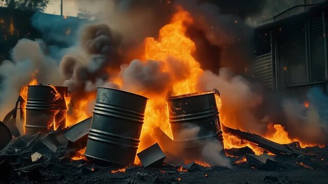 Explosive inferno with burning oil drums and debris, dark industrial setting, dramatic destructive fire.