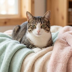 A relaxed tabby cat with green eyes lies comfortably on soft blankets indoors looking at the camera