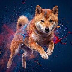 Energetic Shiba Inu dog midleap with vibrant colorful powder explosions around its body