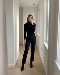 Fashionable young woman wearing a black turtleneck and trousers takes a mirror selfie indoors