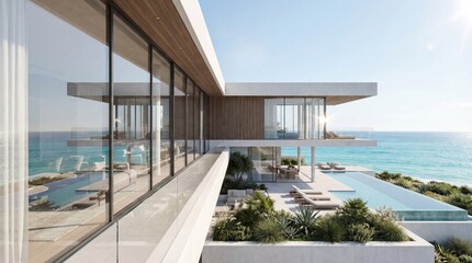 Luxurious modern villa with infinity pool overlooking the turquoise ocean on a sunny day