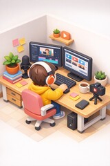 Young animator wearing headphones works on a dual monitor editing setup with a microphone and camera