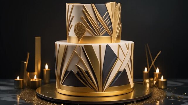 Elegant two-tier cake with Art Deco inspired geometric gold and black patterns, presented on a gold stand with candles.