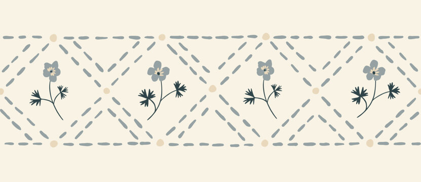 Romantic meadow wildflower vector seamless pattern horizontal border with buttercups and diamond stitches. Hand-drawn vintage cottagecore neddlework floral design for farmhouse textiles, rustic
