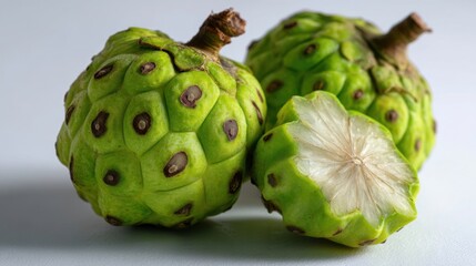 Fototapeta premium Vibrant green cherimoya fruit trio displaying unique texture and slice.