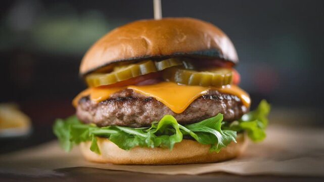 Juicy gourmet cheeseburger with melted cheddar, fresh lettuce, tomato, red onion, and pickles on a toasted bun, close-up food shot.