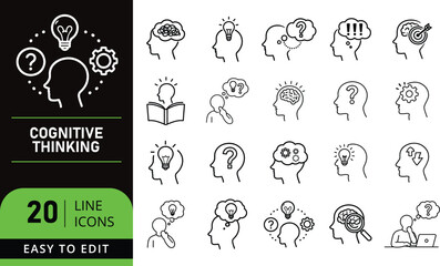 A Collection of 20 Line Icons Representing Cognitive Thinking, Ideas, Problems, and Learning Processes