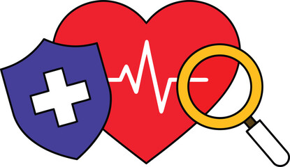 Illustration of a red heart with a cardiogram, a blue shield with a white cross, and a magnifying glass.
